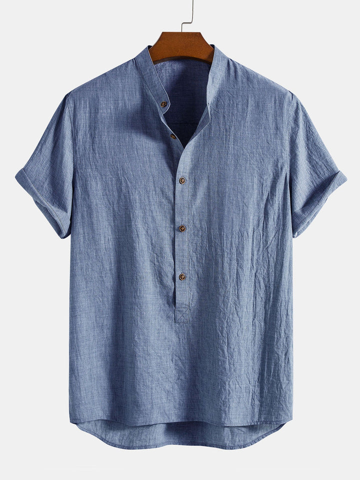 Short Sleeve Half Button Fly Henley Collar Shirt & Linen Cotton Blend 11" Shorts