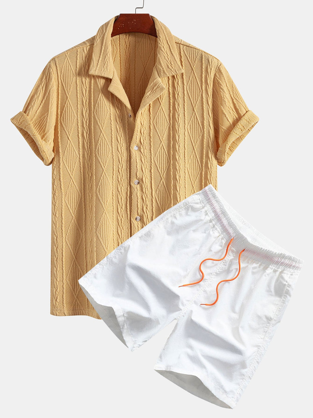 Knitted Geometric Texture Cuban Shirt & Men's Mid Length Drawstring Swim Shorts