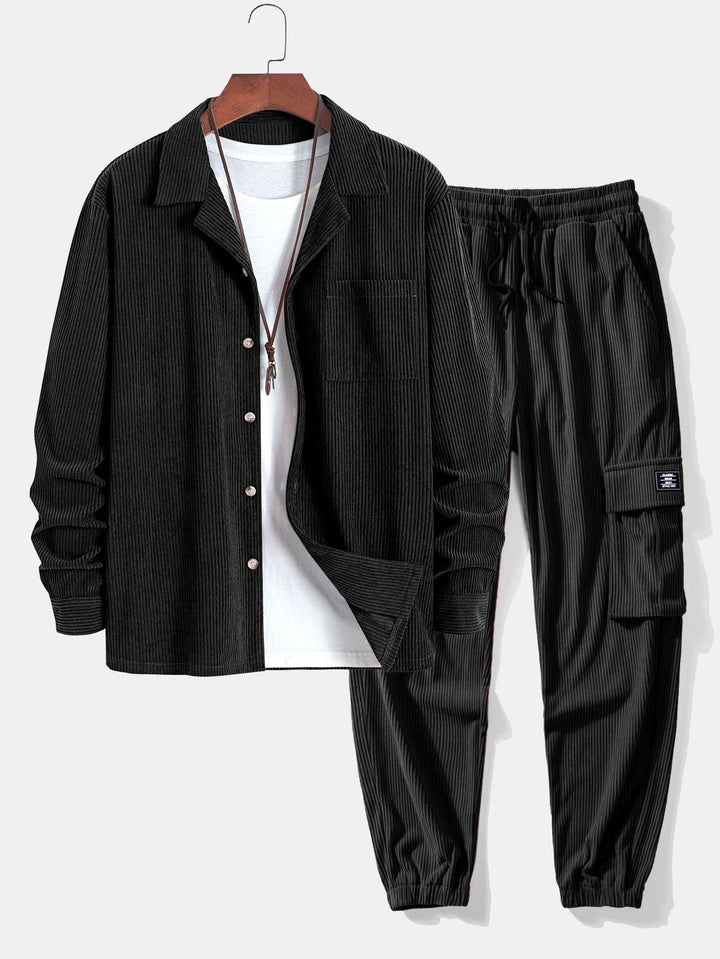 Lange Mouwen Corduroy Cubaanse Kraag Shirt & Trekkoord Corduroy Cargo Jogger Broek