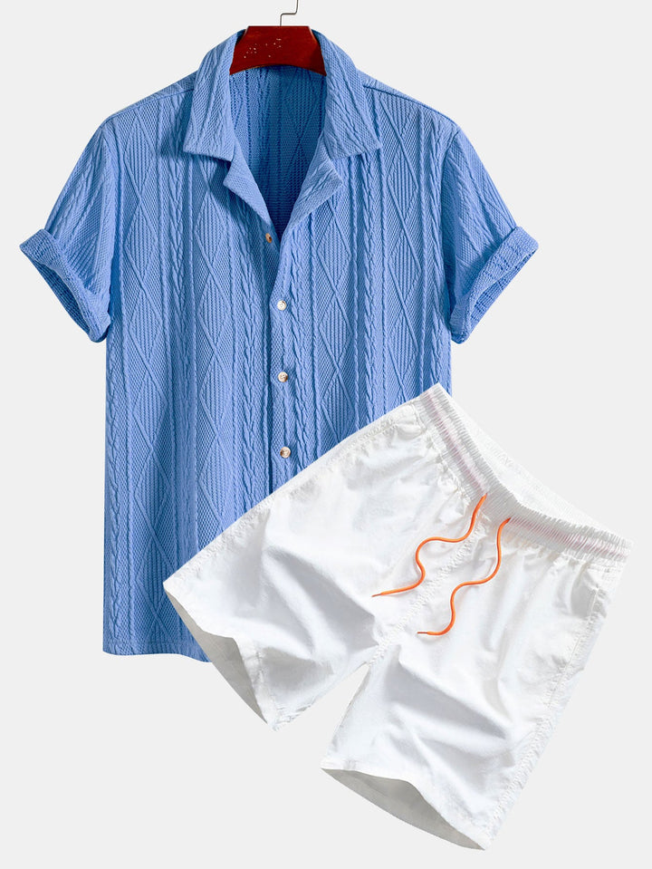 Knitted Geometric Texture Cuban Shirt & Men's Mid Length Drawstring Swim Shorts