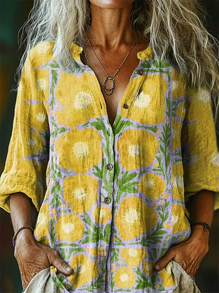 Damesoverhemd met bloemenprint, casual katoen-linnen model.              WORD LID VAN DE FREE SPIRIT-FAMILIEWELKOM BIJ THE VIBEJE BENT AL BINNEN