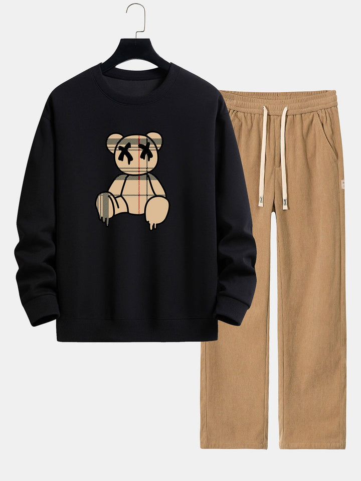 Geruite patroon oplosbare beerprint relax fit sweatshirt & rechte pijpen corduroy broek