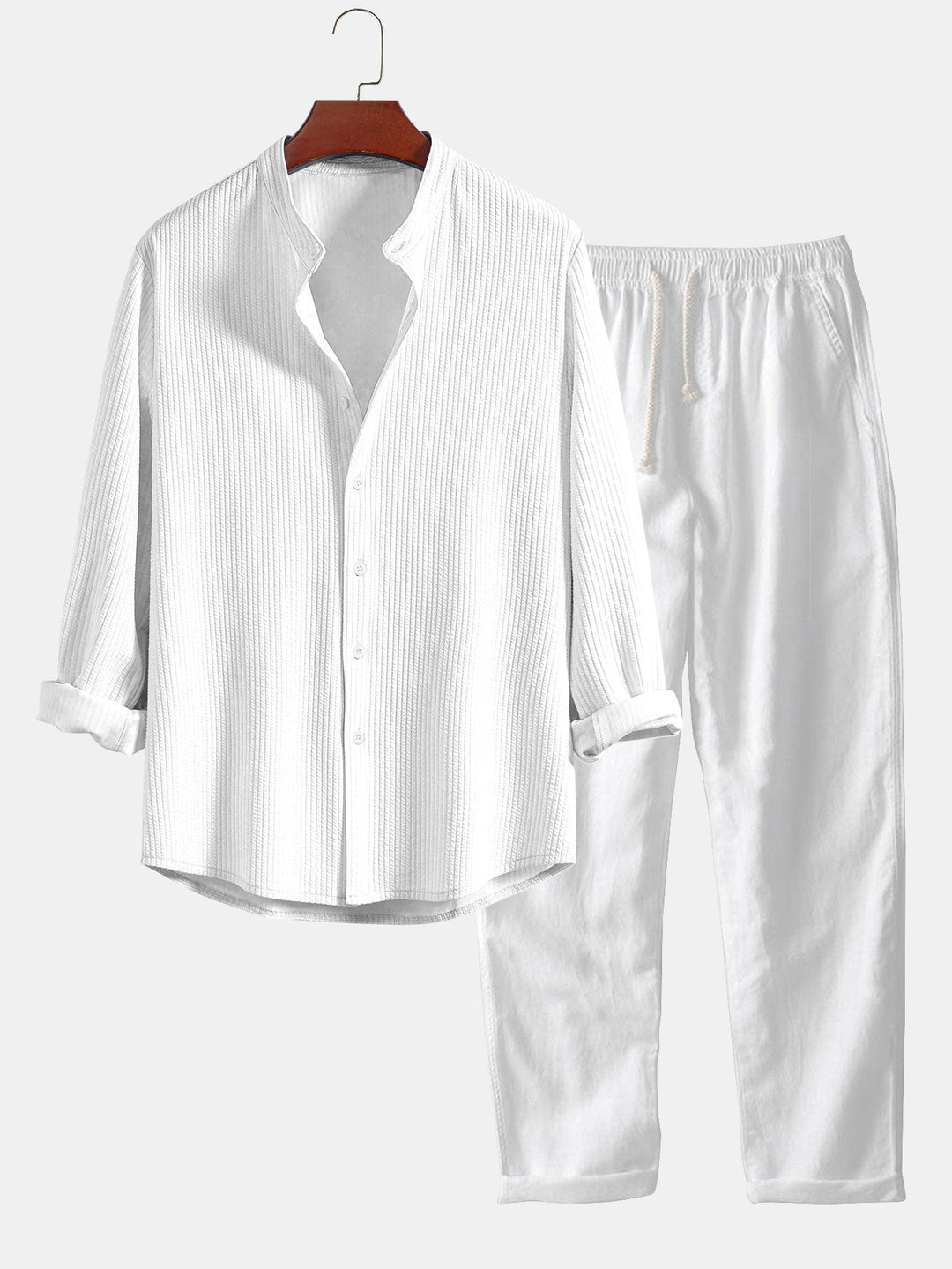 Langemouw Muscle Fit Geribbelde Staande Kraag Shirt & Rechte Pijpen Linnen Broek