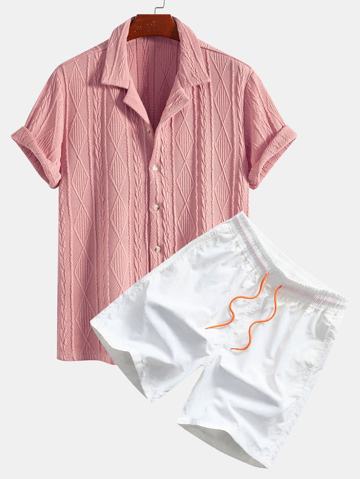 Knitted Geometric Texture Cuban Shirt & Men's Mid Length Drawstring Swim Shorts