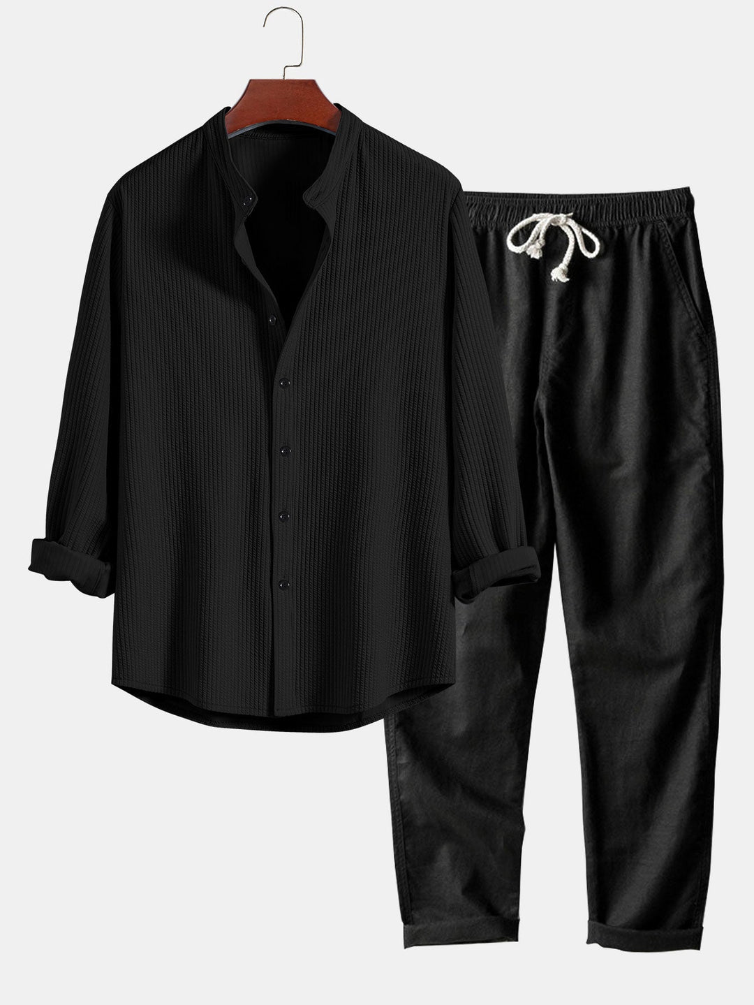 Langemouw Muscle Fit Geribbelde Staande Kraag Shirt & Rechte Pijpen Linnen Broek