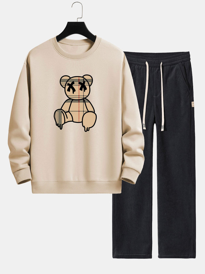 Geruite patroon oplosbare beerprint relax fit sweatshirt & rechte pijpen corduroy broek