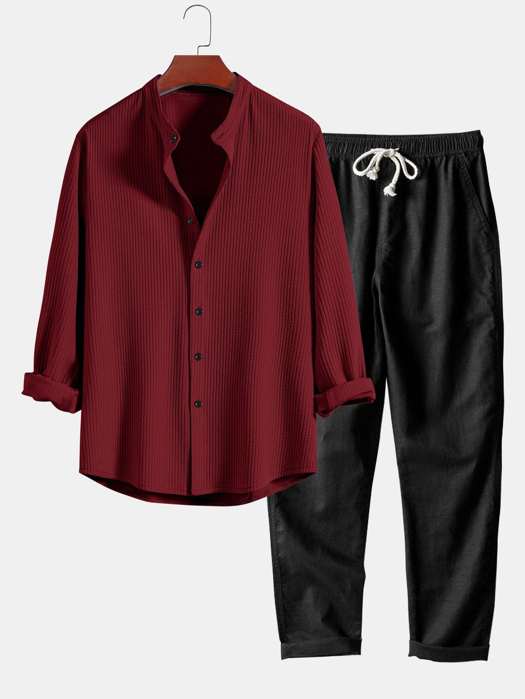 Langemouw Muscle Fit Geribbelde Staande Kraag Shirt & Rechte Pijpen Linnen Broek