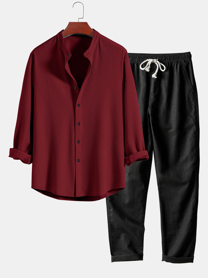 Langemouw Muscle Fit Geribbelde Staande Kraag Shirt & Rechte Pijpen Linnen Broek