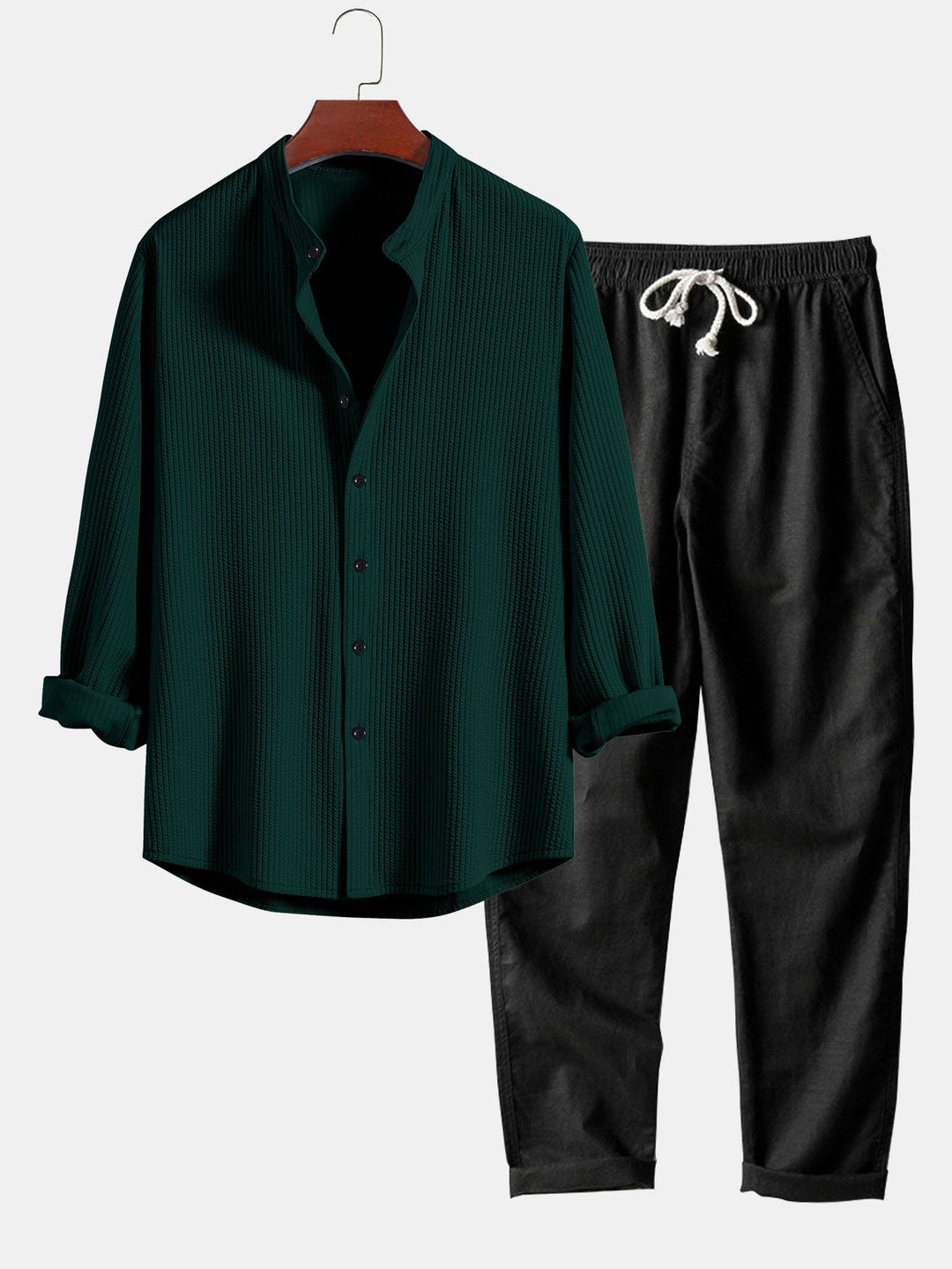 Langemouw Muscle Fit Geribbelde Staande Kraag Shirt & Rechte Pijpen Linnen Broek