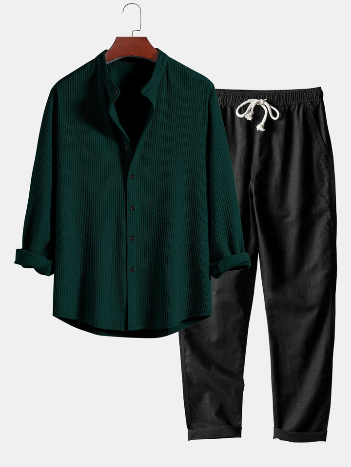 Langemouw Muscle Fit Geribbelde Staande Kraag Shirt & Rechte Pijpen Linnen Broek