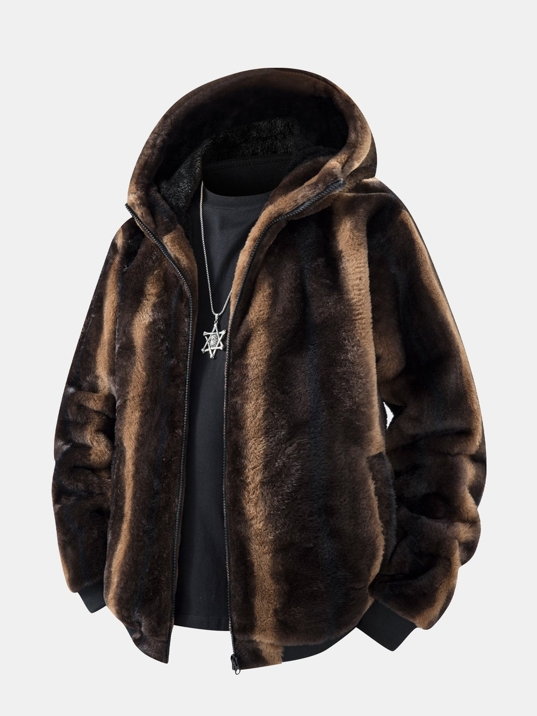 Animal print faux fur quilted jacket with hood