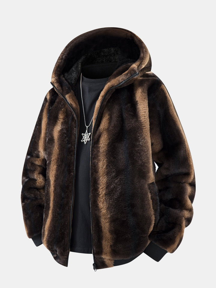 Animal print faux fur quilted jacket with hood
