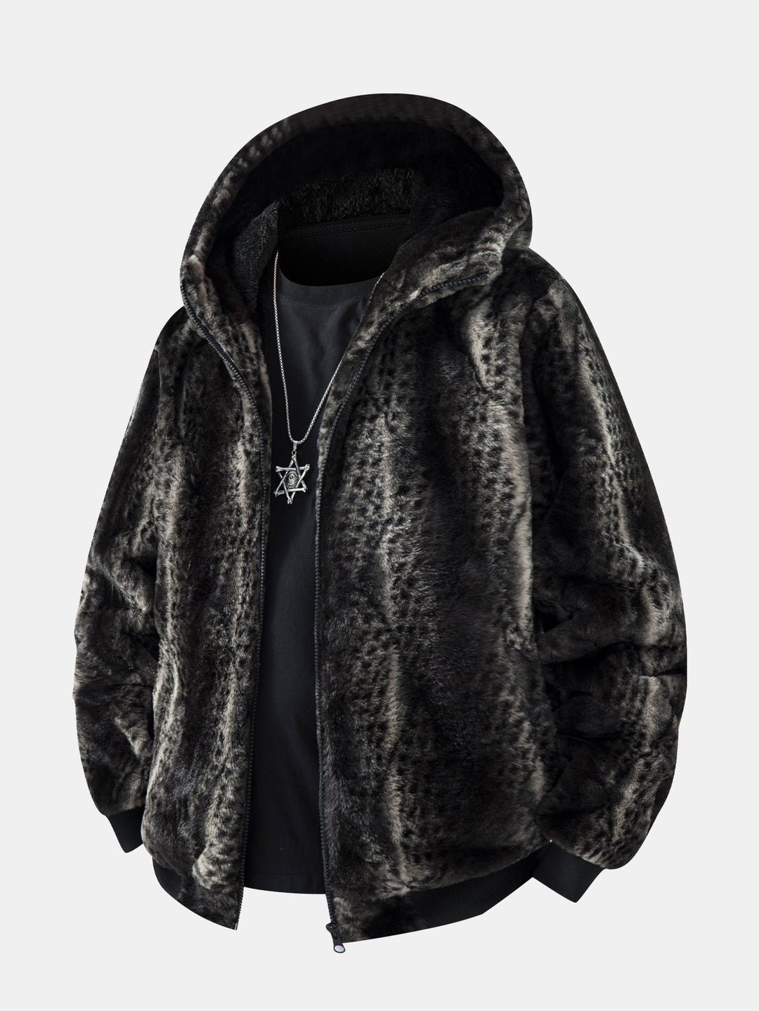 Animal print faux fur quilted jacket with hood