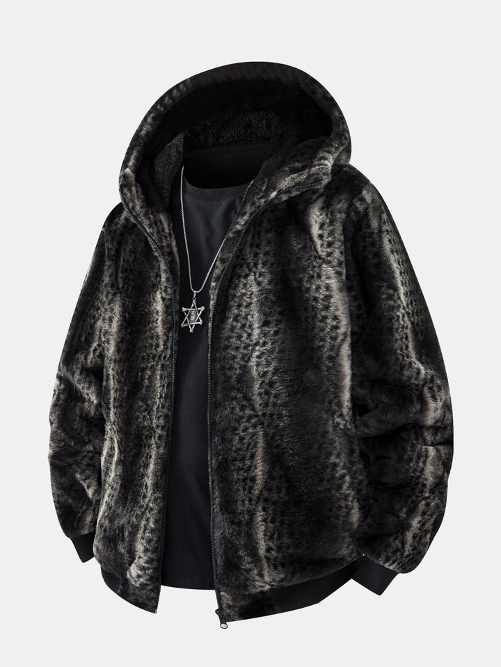 Animal print faux fur quilted jacket with hood