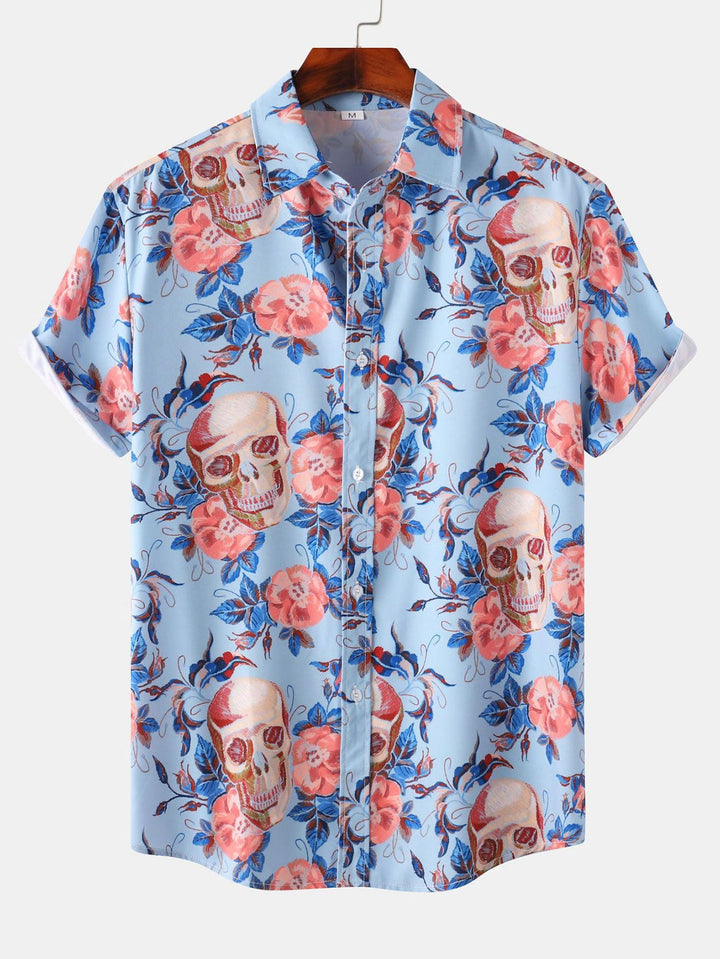 Rozen schedelprint knoopshirt