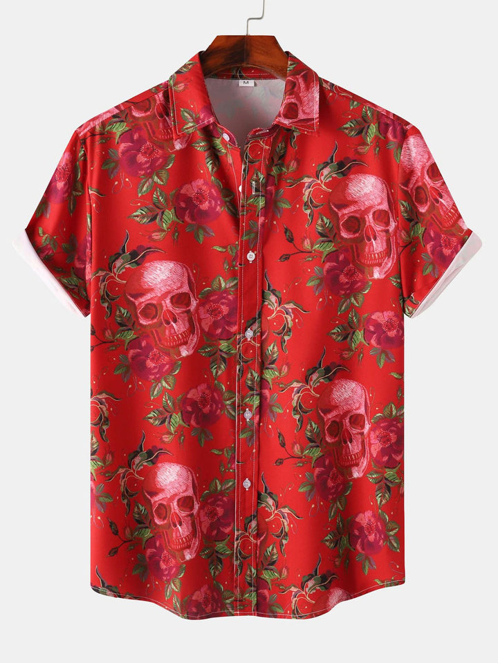Rozen schedelprint knoopshirt
