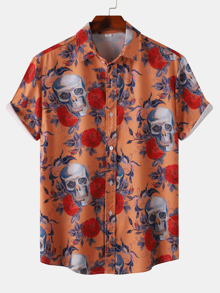 Rozen schedelprint knoopshirt