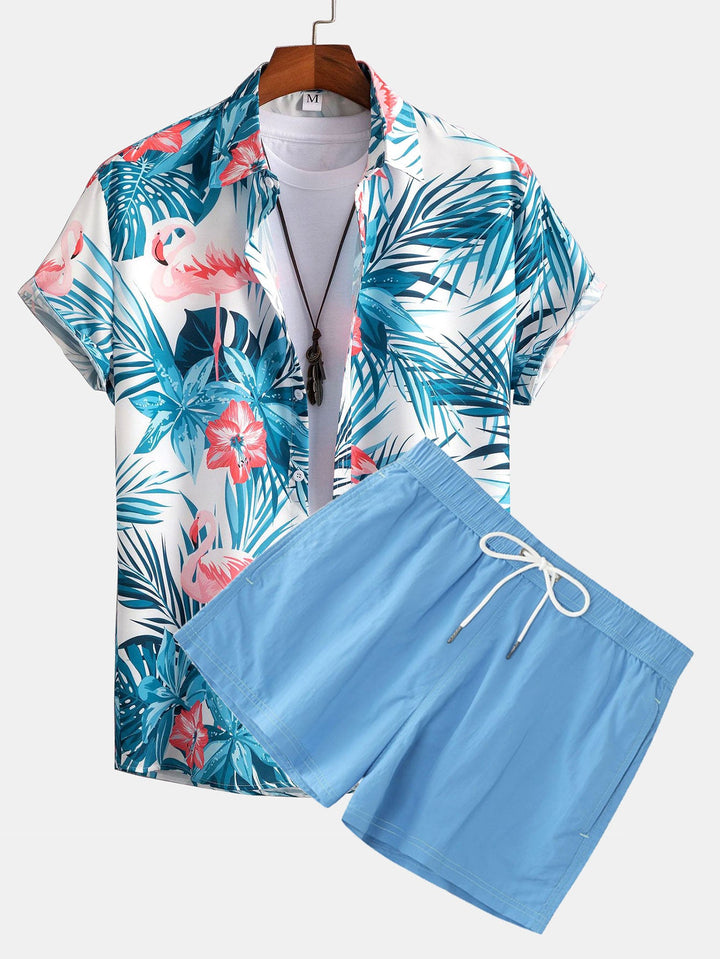 Flamingo Tropisch Print Knop-Up Shirt & Korte Zwemshorts