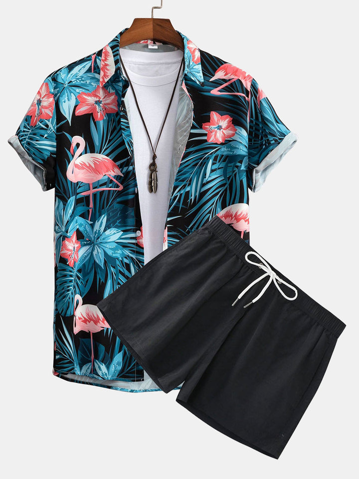 Flamingo Tropisch Print Knop-Up Shirt & Korte Zwemshorts