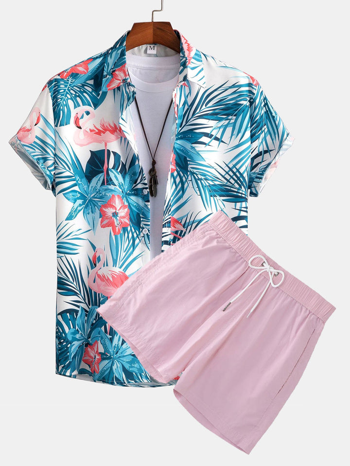 Flamingo Tropisch Print Knop-Up Shirt & Korte Zwemshorts