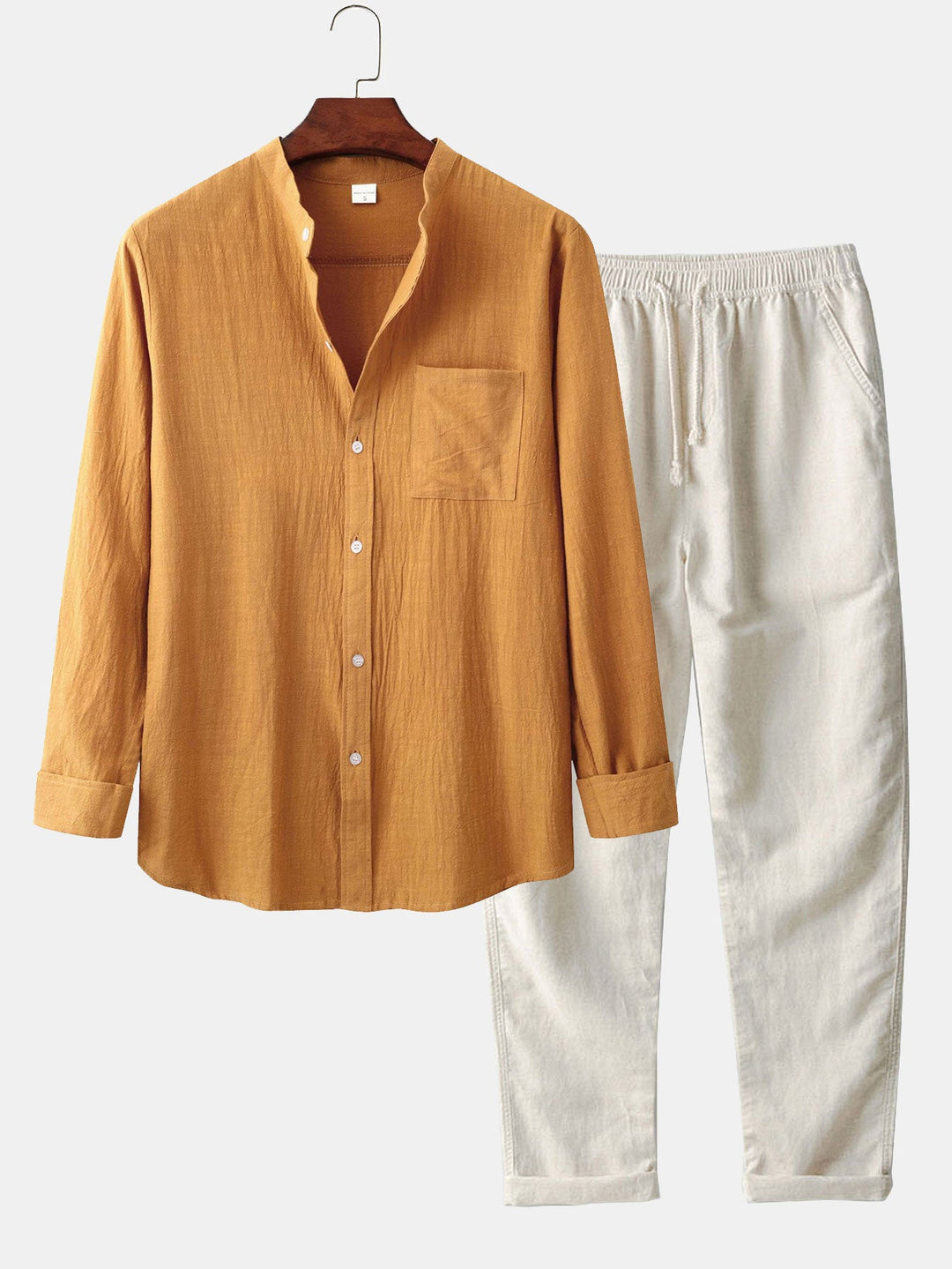 Lange Mouwen Linnen Look Staande Kraag Shirt & Rechte Pijpen Linnen Broek