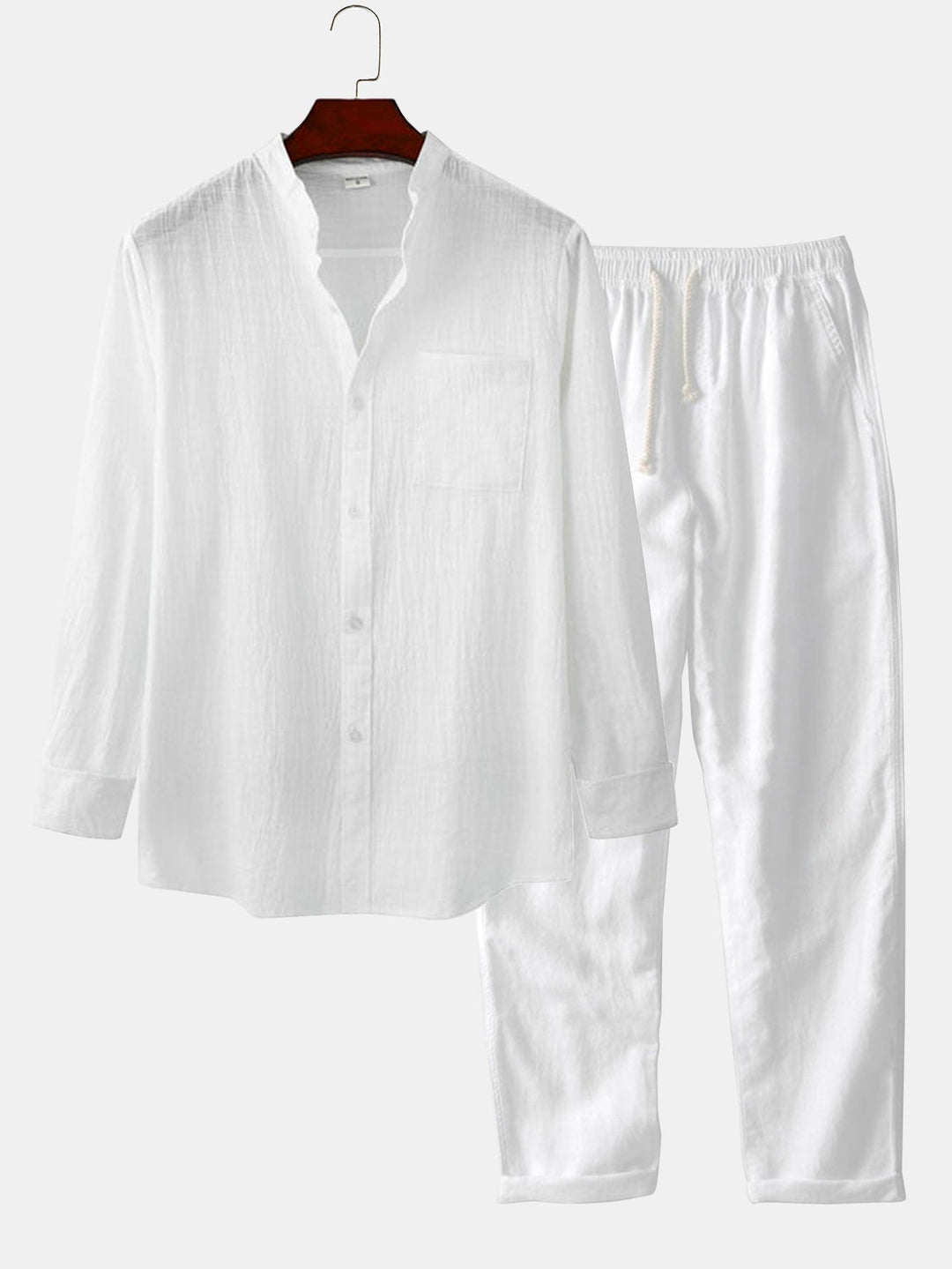 Lange Mouwen Linnen Look Staande Kraag Shirt & Rechte Pijpen Linnen Broek