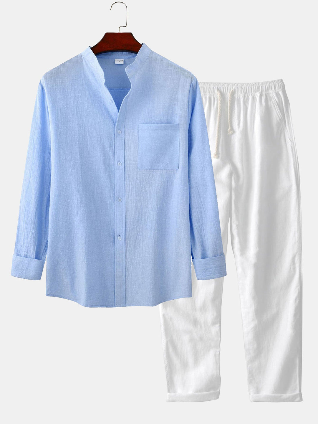 Lange Mouwen Linnen Look Staande Kraag Shirt & Rechte Pijpen Linnen Broek
