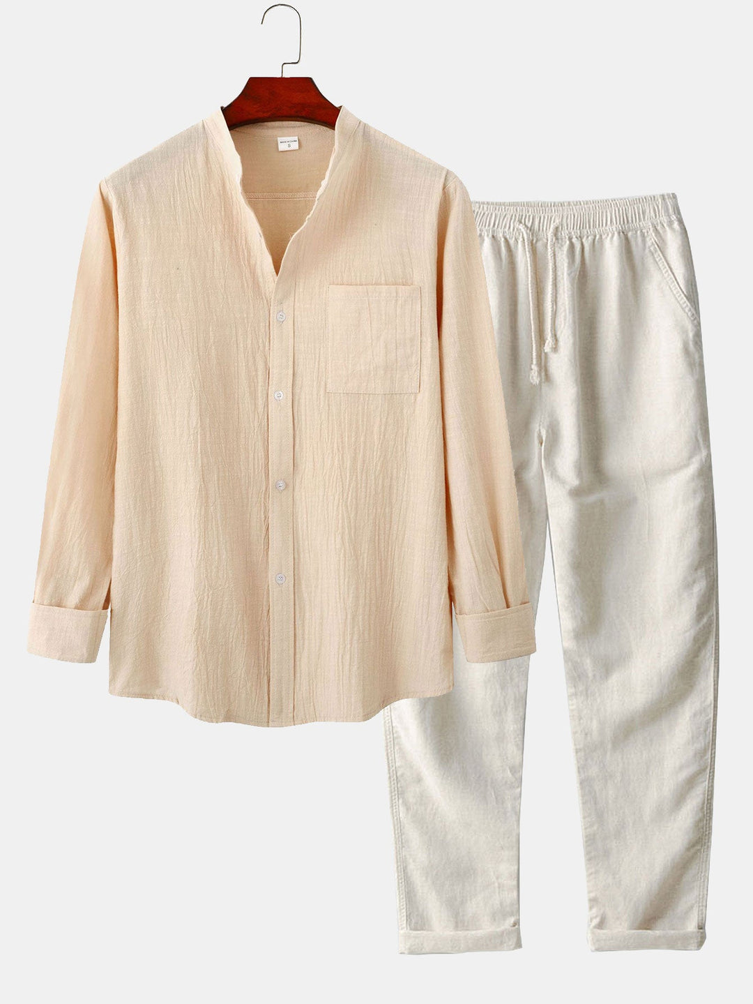 Lange Mouwen Linnen Look Staande Kraag Shirt & Rechte Pijpen Linnen Broek