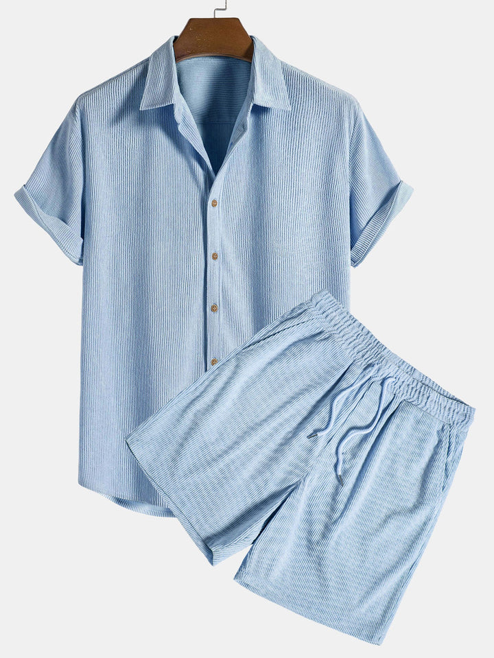 Korte Mouwen Corduroy Overhemd met Knopen & Shorts