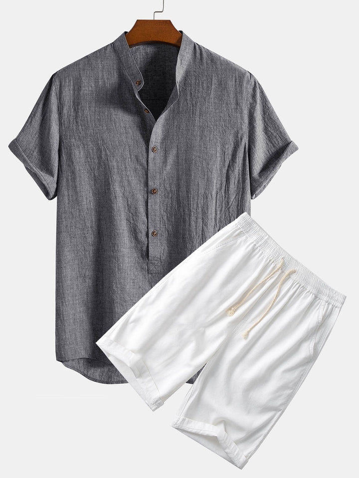 Short Sleeve Half Button Fly Henley Collar Shirt & Linen Cotton Blend 11" Shorts