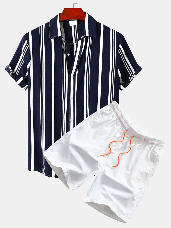 Striped Print Button-Up Shirt & Swim Shorts