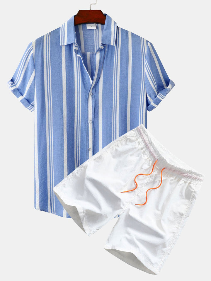 Striped Print Button-Up Shirt & Swim Shorts