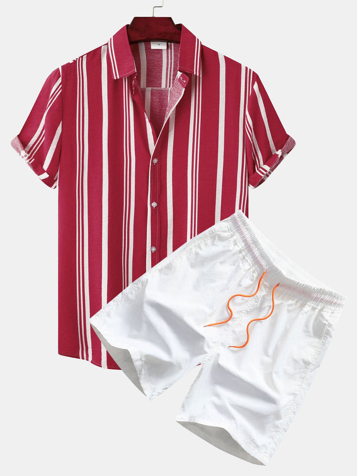 Striped Print Button-Up Shirt & Swim Shorts