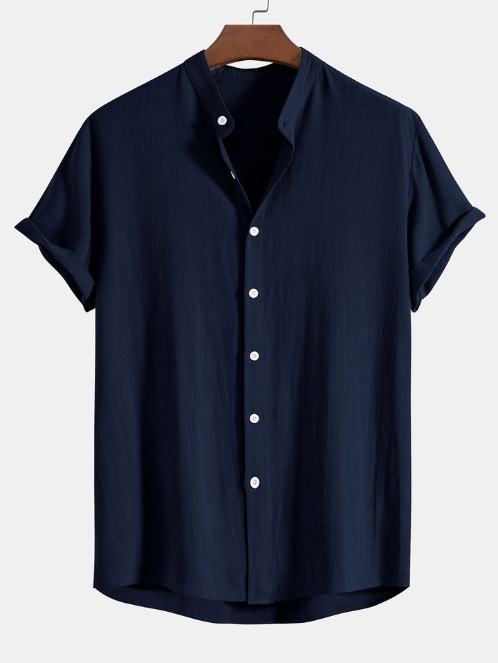 Linnen en Rayon Mix Staande Kraag Shirt & Rechte Pijpen Linnen Broek