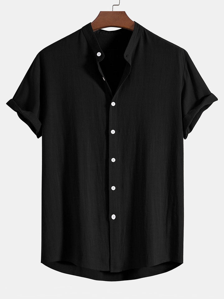Linnen en Rayon Mix Staande Kraag Shirt & Rechte Pijpen Linnen Broek