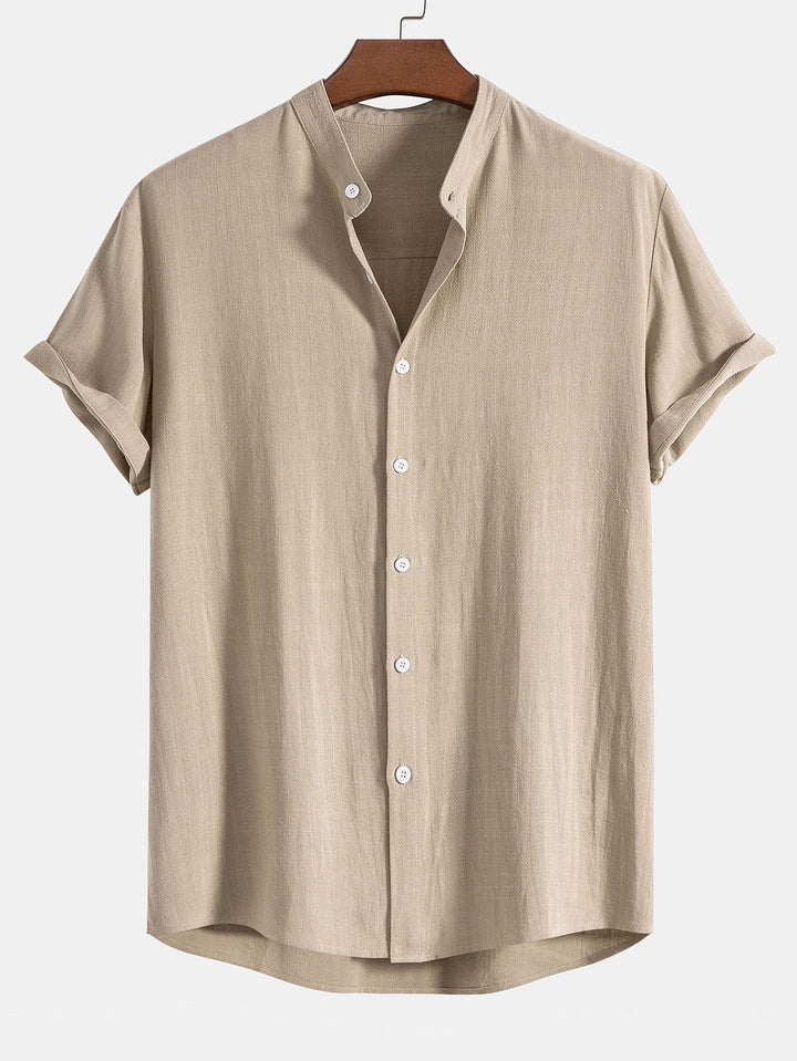 Linnen en Rayon Mix Staande Kraag Shirt & Rechte Pijpen Linnen Broek