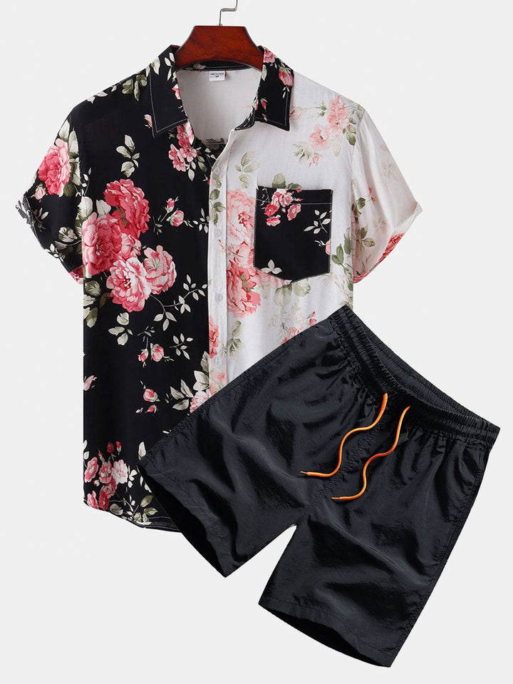 Twee Kleurige Bloemenprint Shirt & Zwemshorts