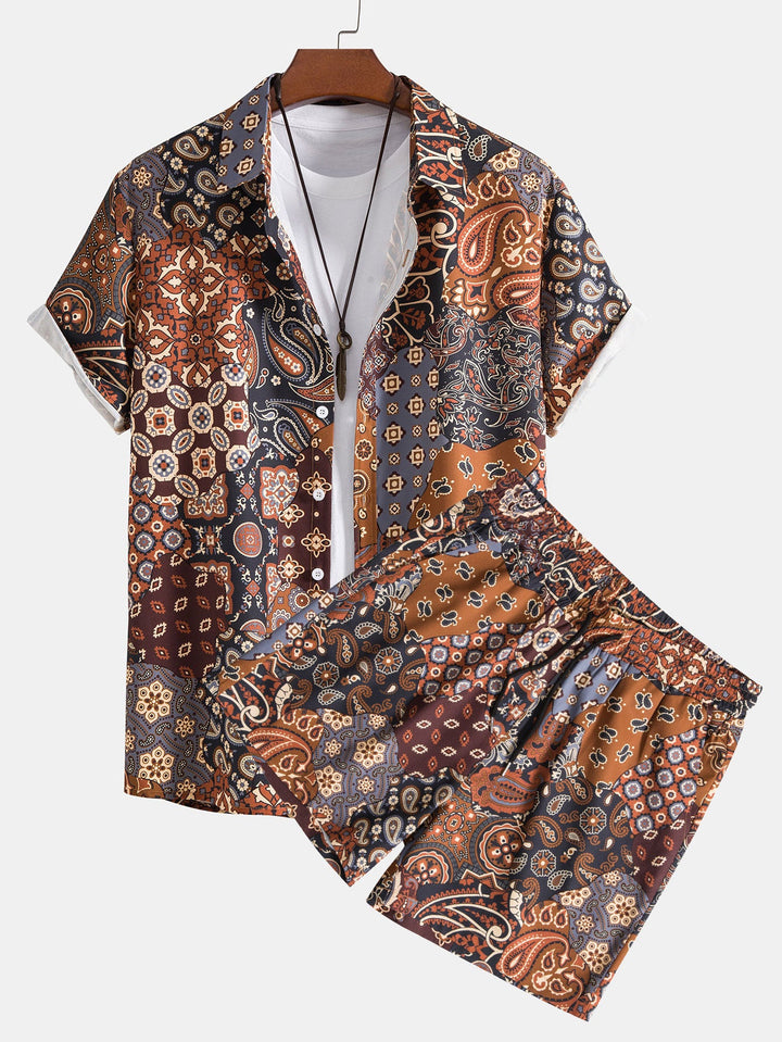 Paisley Patchwork Print Knop-Up Shirt & Shorts