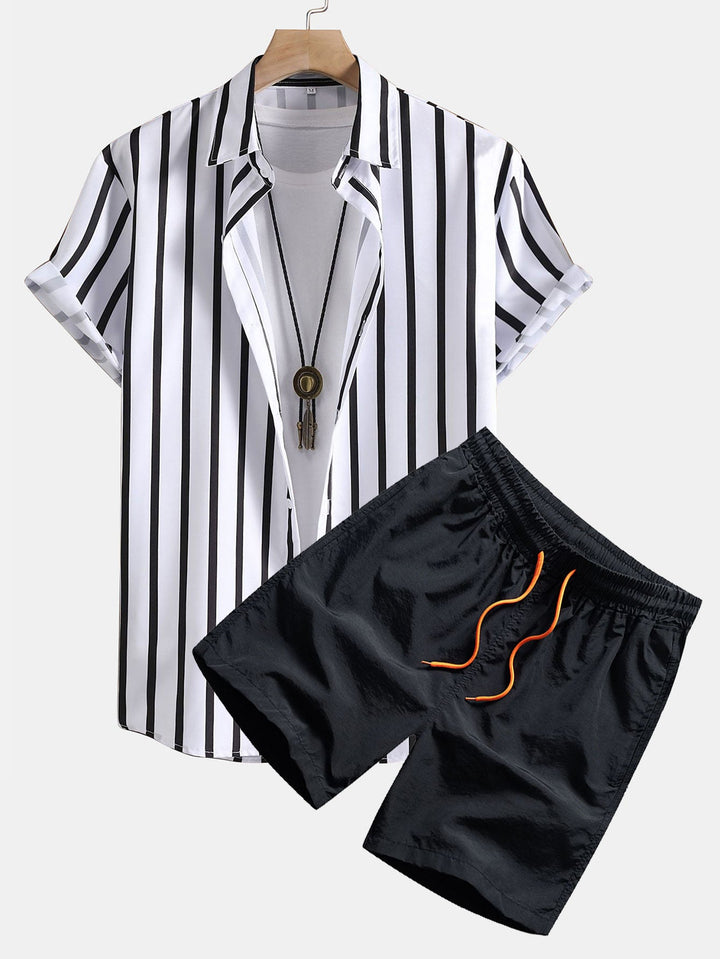Gestreepte Print Knop-Up Shirt & Zwemshorts