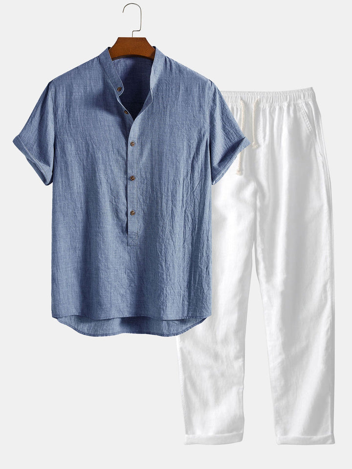 Korte Mouw Half Knop Vlieg Henley Kraag Shirt & Rechte Pijpen Linnen Broek