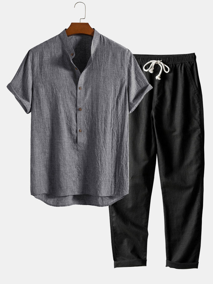 Korte Mouw Half Knop Vlieg Henley Kraag Shirt & Rechte Pijpen Linnen Broek