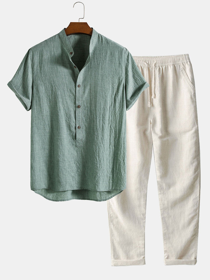 Korte Mouw Half Knop Vlieg Henley Kraag Shirt & Rechte Pijpen Linnen Broek
