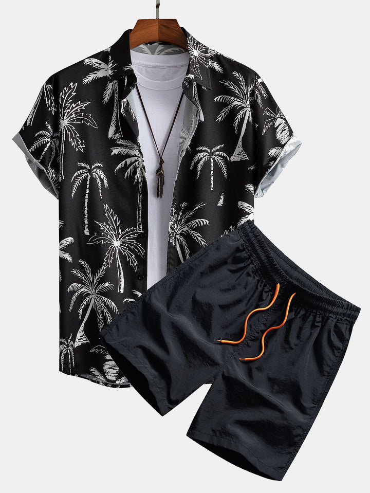 Palm Tree Print Button-Down Shirt & Swim Shorts