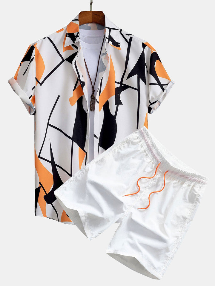 Kleur Blok Abstract Print Knop-Up Shirt & Zwemshorts