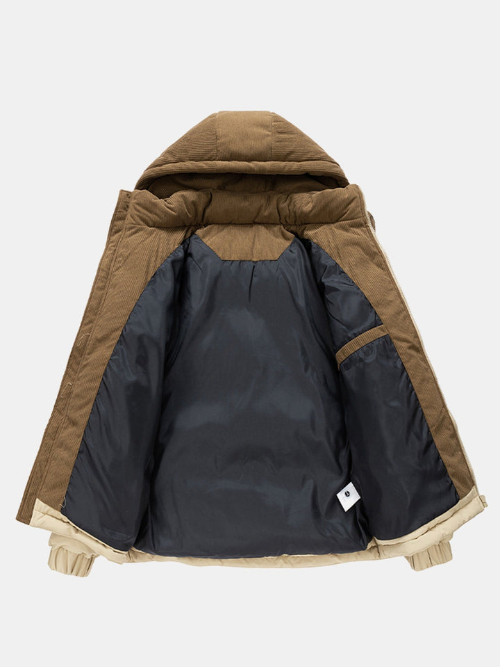 Corduroy patchwork quilted jacket with hood
