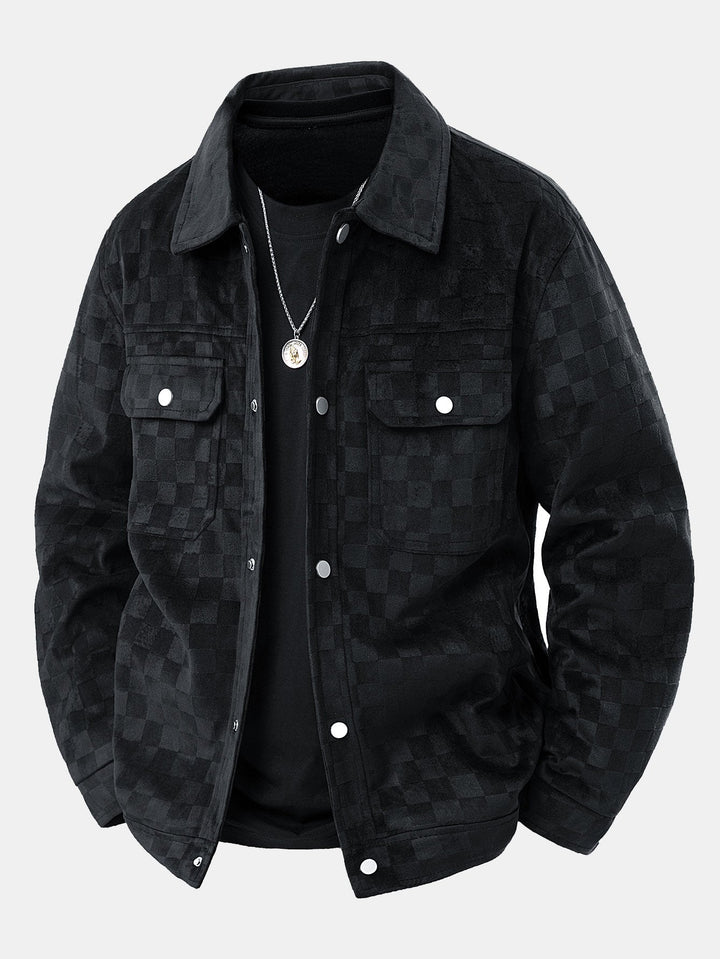 Jacket with faux suede pocket with checkered print