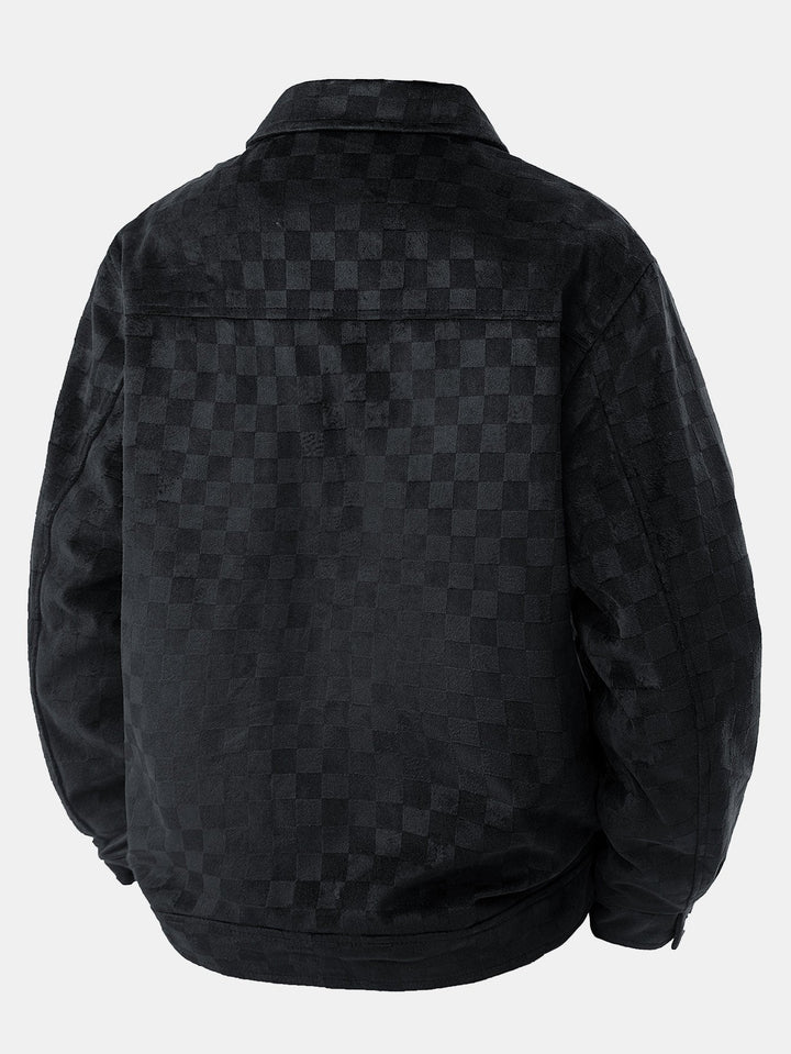 Jacket with faux suede pocket with checkered print
