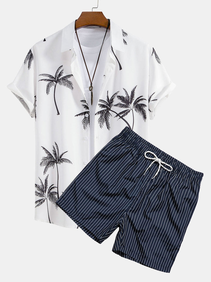Palm Tree Print Button-Down Shirt & Striped Swim Shorts