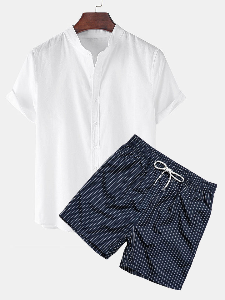 Linen Look Shirt & Striped Print Swim Shorts