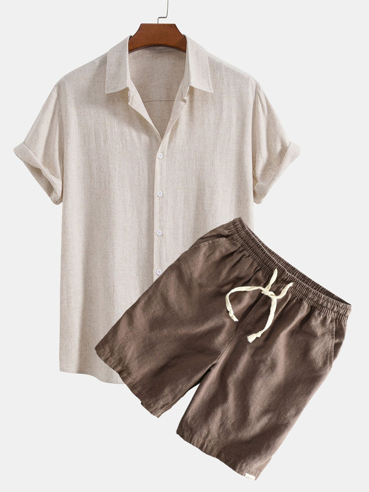 Linnen Rayon Mix Knopsluiting Shirt & Linnen Katoen Mix Touwsluiting Shorts